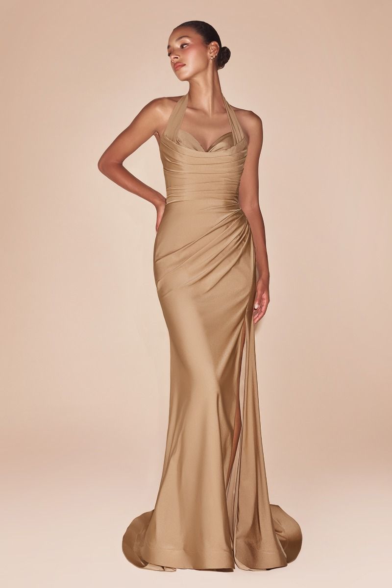 AUTUMN GOWN - NUDE GOLD - STRETCH SPANDEX SATIN HALTER FITTED DRESS