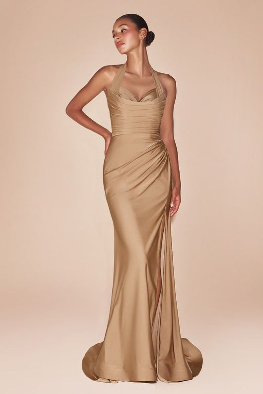 AUTUMN GOWN - NUDE GOLD - STRETCH SPANDEX SATIN HALTER FITTED DRESS