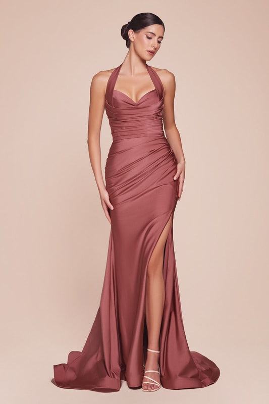 AUTUMN GOWN - SIENNA ROSE - STRETCH SPANDEX SATIN HALTER FITTED DRESS