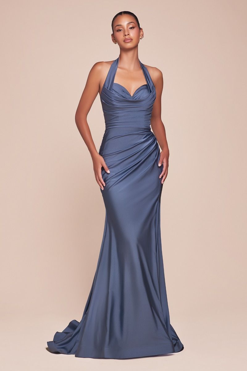 AUTUMN GOWN - SMOKY BLUE - STRETCH SPANDEX SATIN HALTER FITTED DRESS