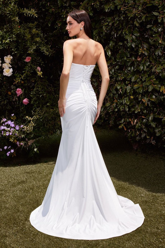 ROBE AVA À DÉCOLLEMENT EN V ET POINTE - BLANC CASSÉ - ROBE AJUSTÉE SANS BRETELLES EN SATIN SPANDEX EXTENSIBLE