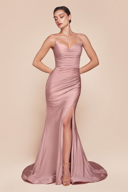AVA POINTED V-NECKLINE GOWN - DUSTY ROSE - STRAPLESS STRETCH SPANDEX SATIN FITTED GOWN