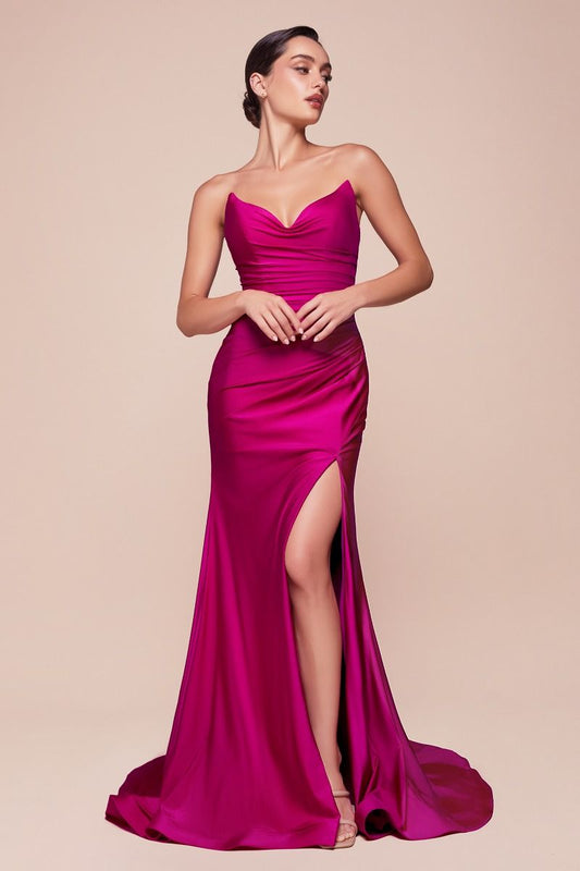 AVA POINTED V-NECKLINE GOWN - MAGENTA - STRAPLESS STRETCH SPANDEX SATIN FITTED GOWN