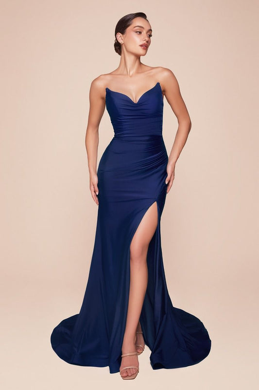 ROBE AVA À DÉCOLLEMENT EN V ET POINTE - BLEU MARINE - ROBE AJUSTÉE SANS BRETELLES EN SATIN SPANDEX EXTENSIBLE