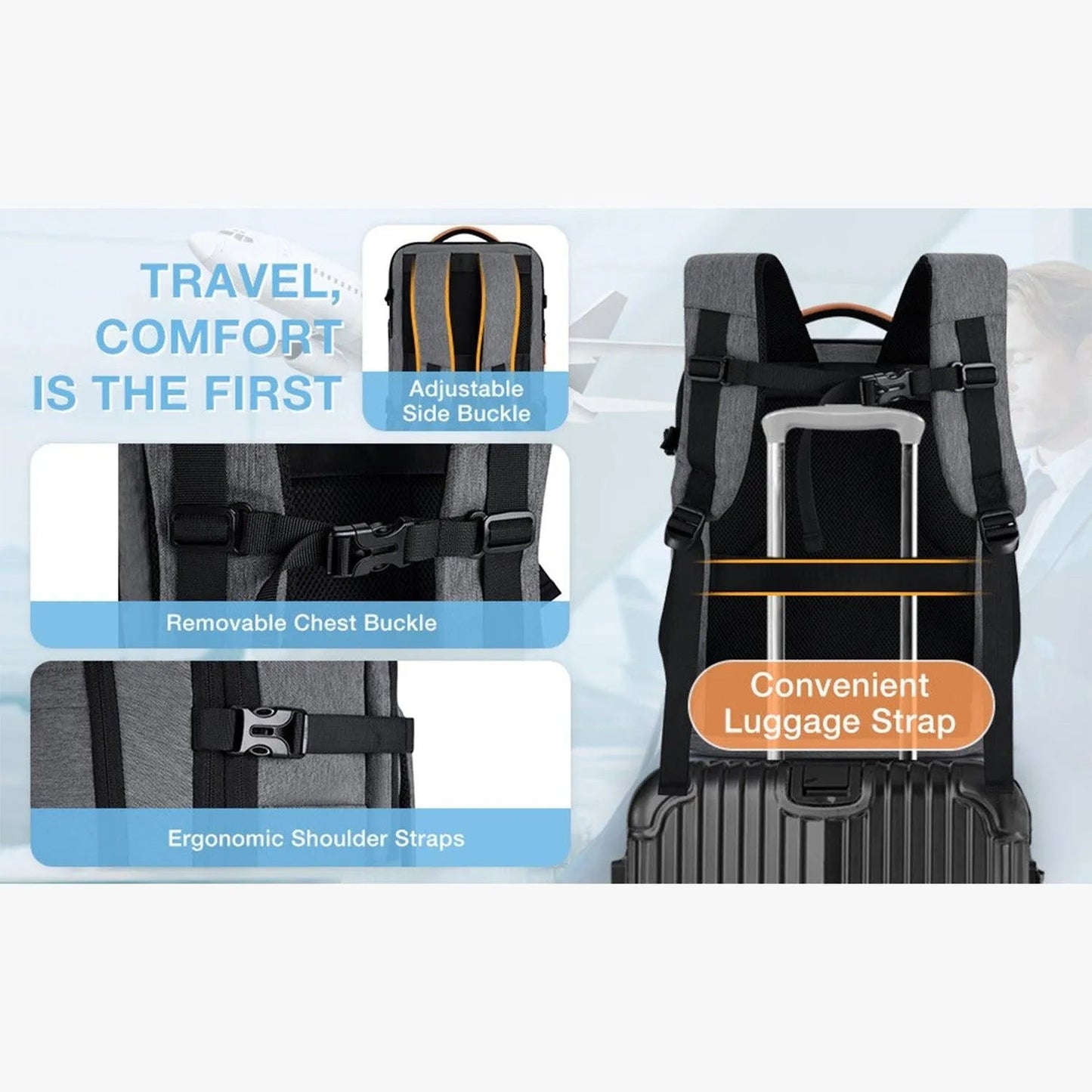Sac à dos de voyage extensible Falco 40 L, approuvé par les compagnies aériennes 