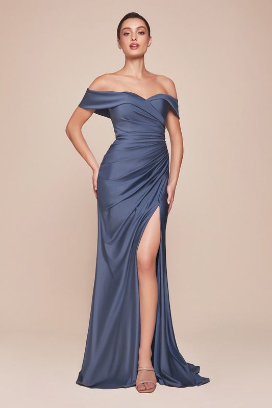 Freya Gown - Smoky Blue - OFF THE SHOULDER STRETCH SPANDEX DRESS