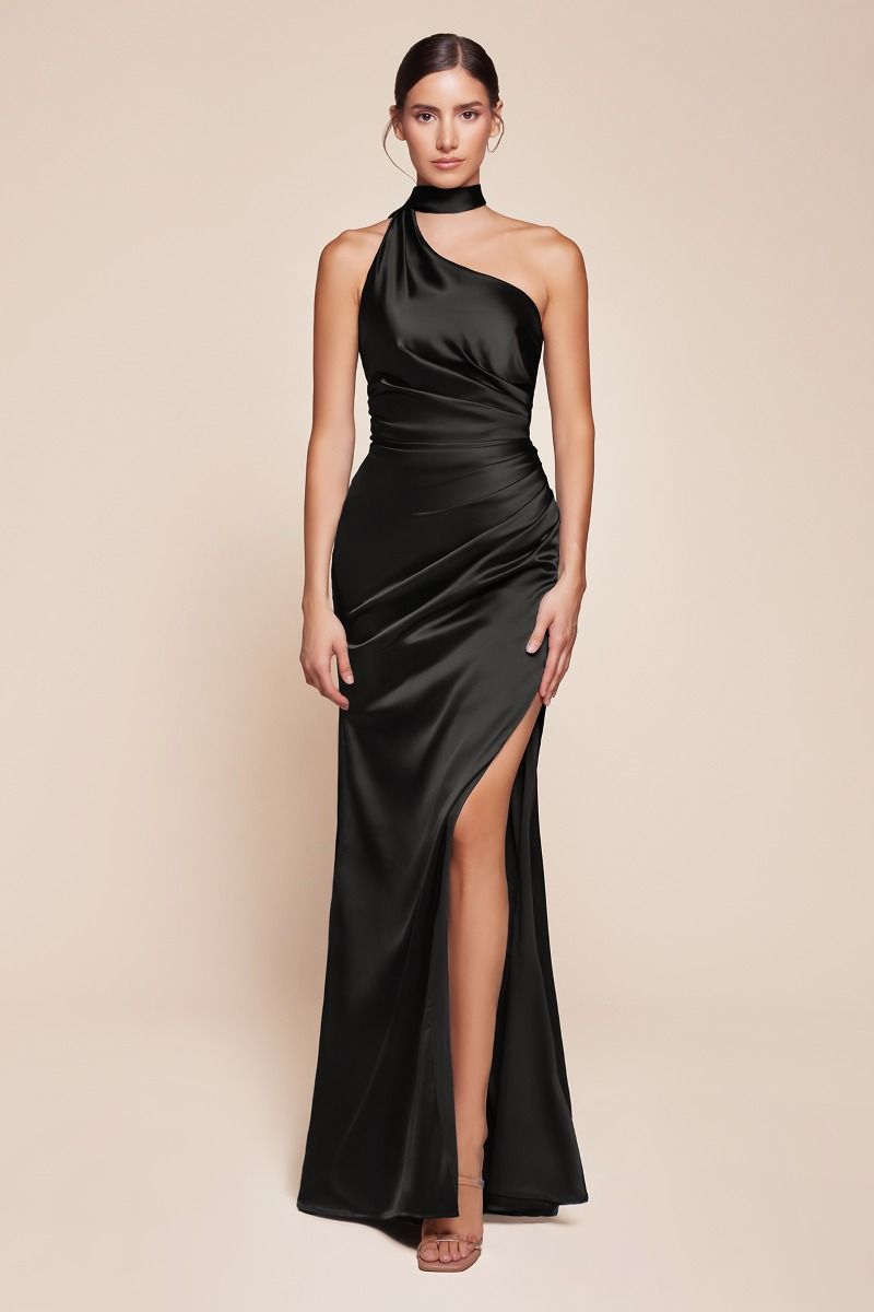 Robe Bryce - Noire - ROBE AJUSTÉE EN SATIN DE LUXE À UNE ÉPAULE