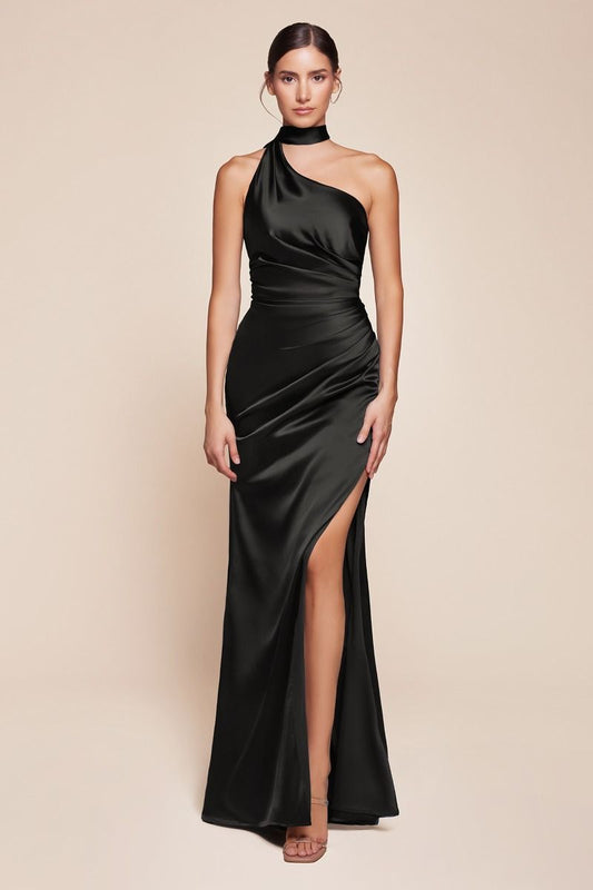 Robe Bryce - Noire - ROBE AJUSTÉE EN SATIN DE LUXE À UNE ÉPAULE