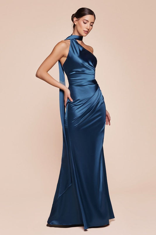 Bryce Gown - French Navy - ONE SHOULDER LUXE SATIN FITTED GOWN