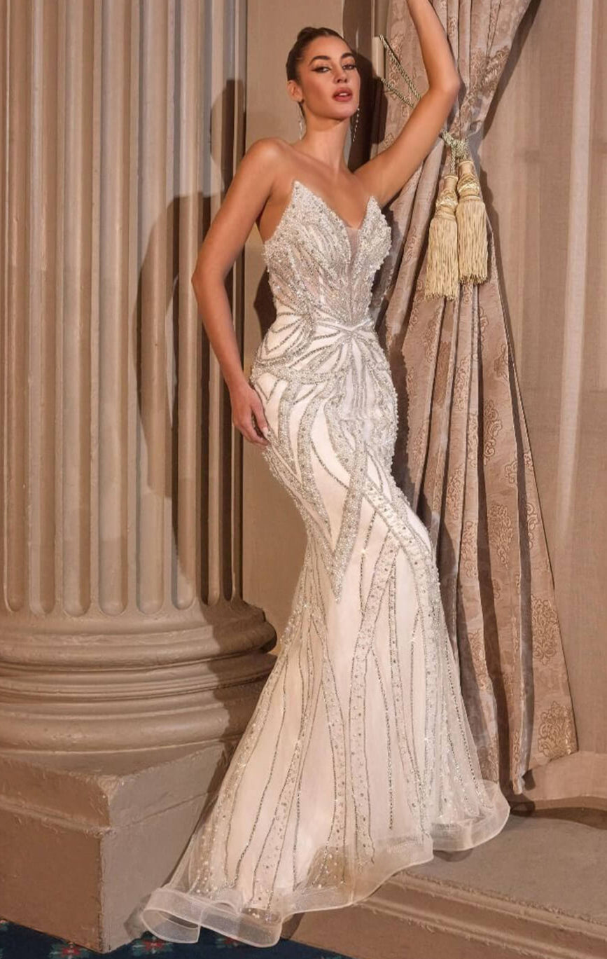 ROBE ADRIENNE - BLANC CASSÉ - ROBE AJUSTÉE SANS BRETELLES PERLES ET CRYSTAL 