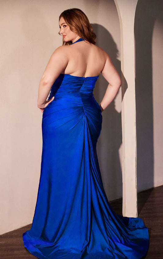 AUTUMN GOWN - ROYAL - STRETCH SPANDEX SATIN HALTER FITTED DRESS