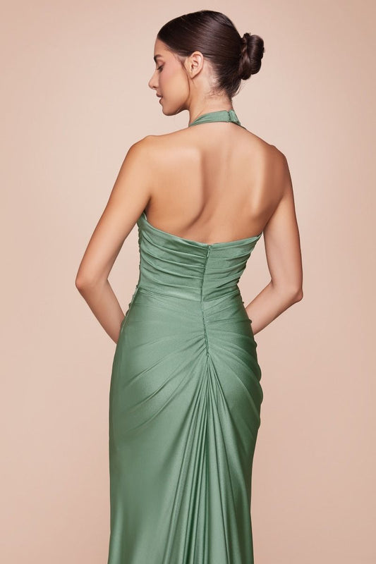 AUTUMN GOWN - DARK SAGE - STRETCH SPANDEX SATIN HALTER FITTED DRESS