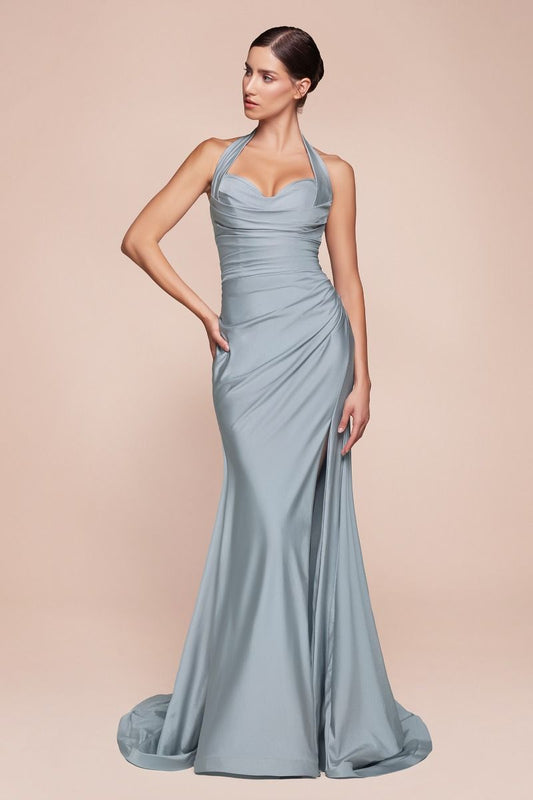 AUTUMN GOWN - DUSTY BLUE - STRETCH SPANDEX SATIN HALTER FITTED DRESS