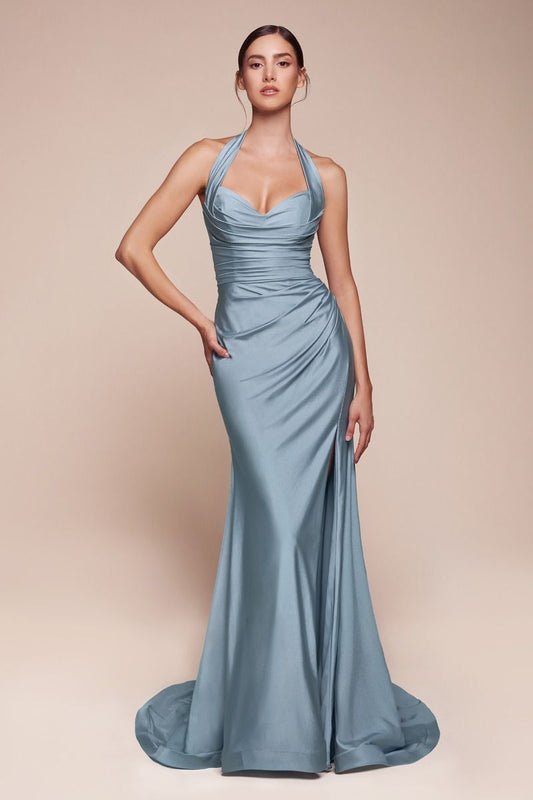 AUTUMN GOWN - DUSTY BLUE - STRETCH SPANDEX SATIN HALTER FITTED DRESS