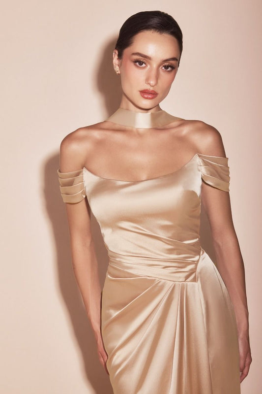 Emerson Gown - Champagne - OFF THE SHOULDER LACE UP CORSET LUXE SATIN GOWN