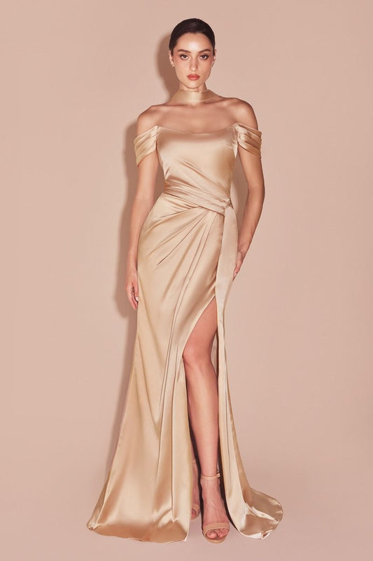 Emerson Gown - Champagne - OFF THE SHOULDER LACE UP CORSET LUXE SATIN GOWN