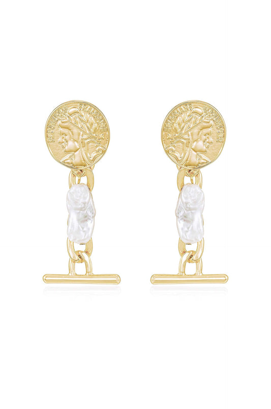 Ancient Coin and Pearl Charm Drop Earrings