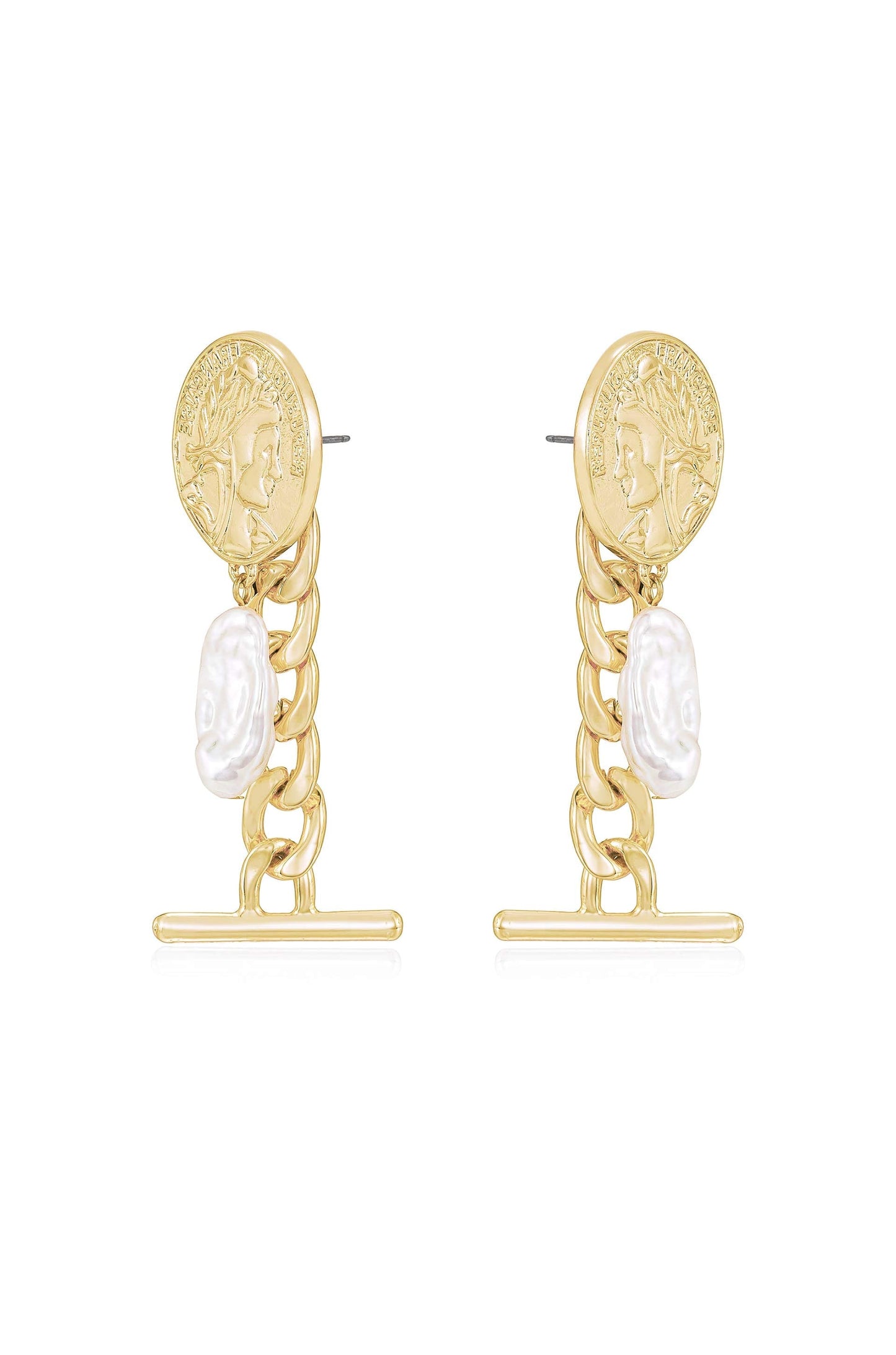 Ancient Coin and Pearl Charm Drop Earrings