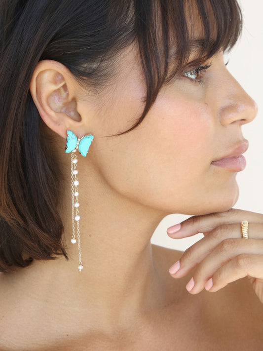 Boucles d'oreilles pendantes papillon turquoise 