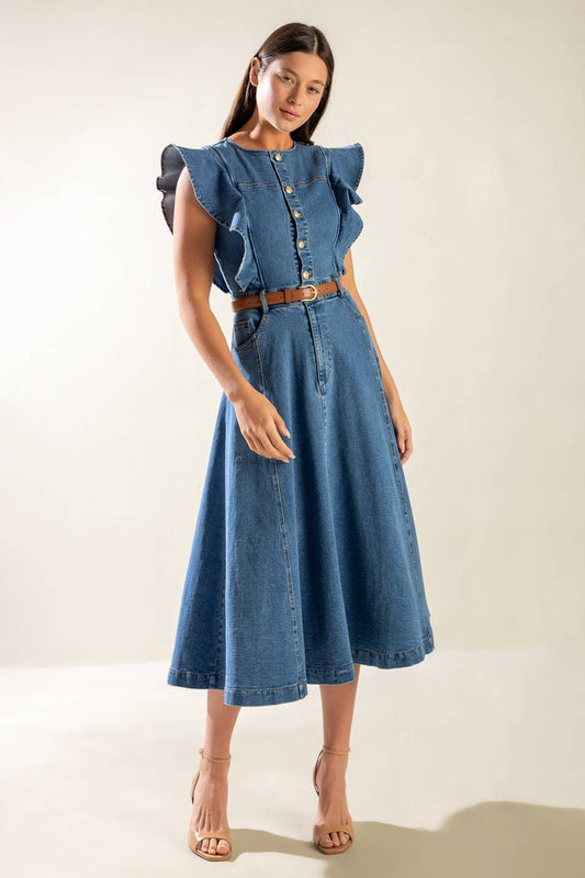 Size Small, MY DEBUT - INDIGO - RUFFLE SLEEVE DENIM MIDI DRESS - FINAL SALE