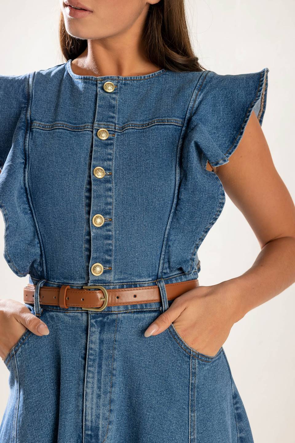 Size Small, MY DEBUT - INDIGO - RUFFLE SLEEVE DENIM MIDI DRESS - FINAL SALE