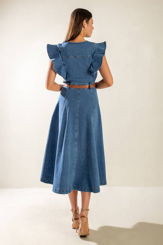 Size Small, MY DEBUT - INDIGO - RUFFLE SLEEVE DENIM MIDI DRESS - FINAL SALE