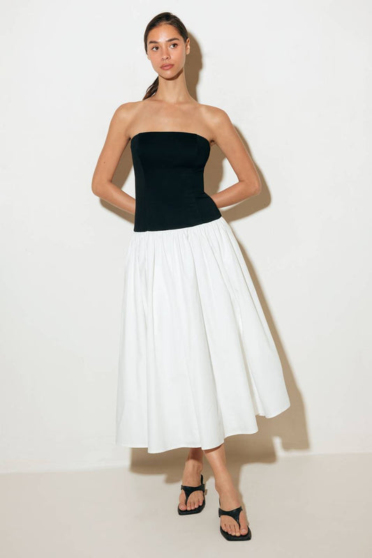 Size Small, SHIFT STUDIO BLACK & WHITE STRAPLESS MIDI DRESS - FINAL SALE