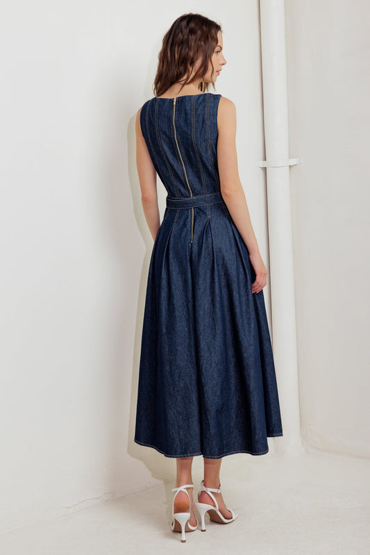 MOONLIGHT SERENADE DARK DENIM MIDI DRESS
