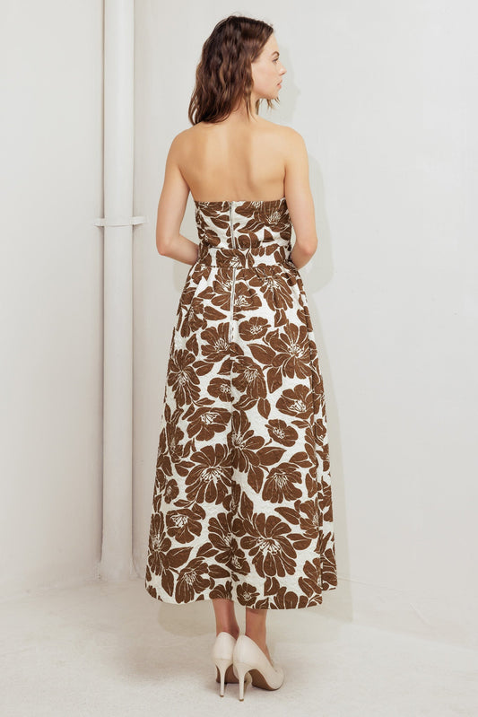 DOVEY TEXTURED FLORAL STRAPLESS MIDI DRESS
