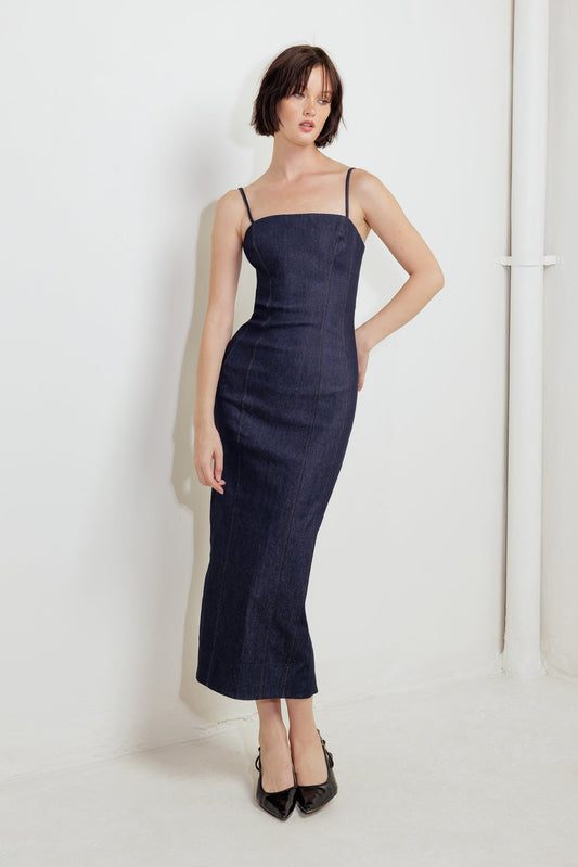 CAROLLA DARK DENIM MIDI DRESS