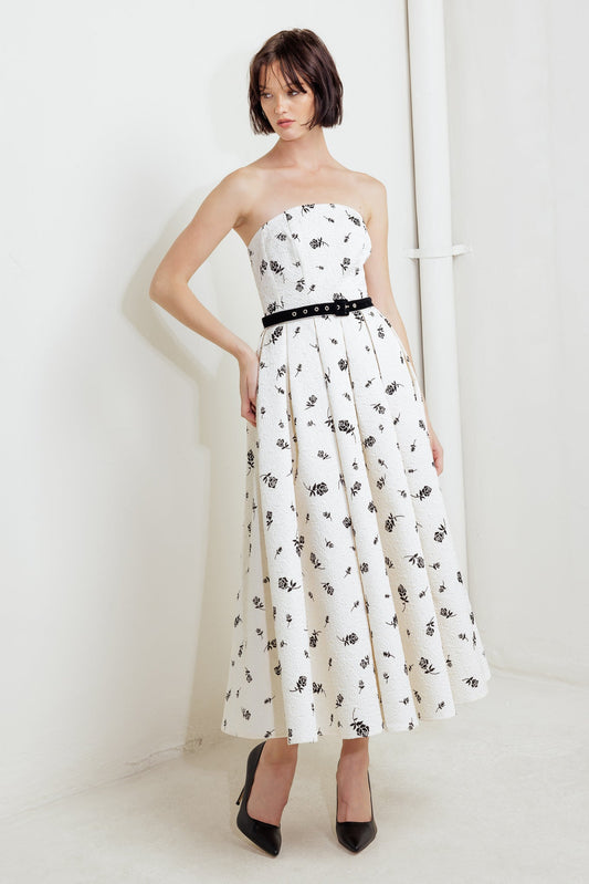 EFFIE BLACK ROSE STRAPLESS MIDI DRESS