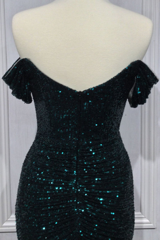 Fallon Gown - Emerald - OFF THE SHOULDER RUCHED SEQUIN GOWN