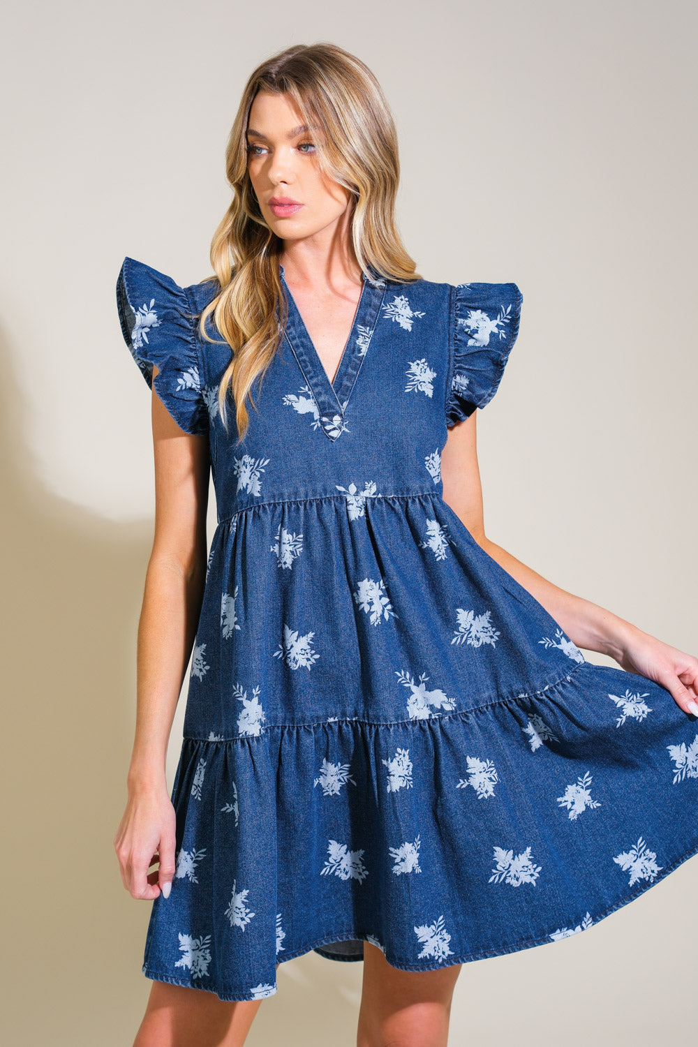 ROMANTICALLY ENTANGLED - FLORAL DENIM MINI DRESS - FINAL SALE