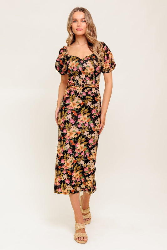 SWEET AT HEART MIDI DRESS - BLACK FLORAL FITTED DRESS