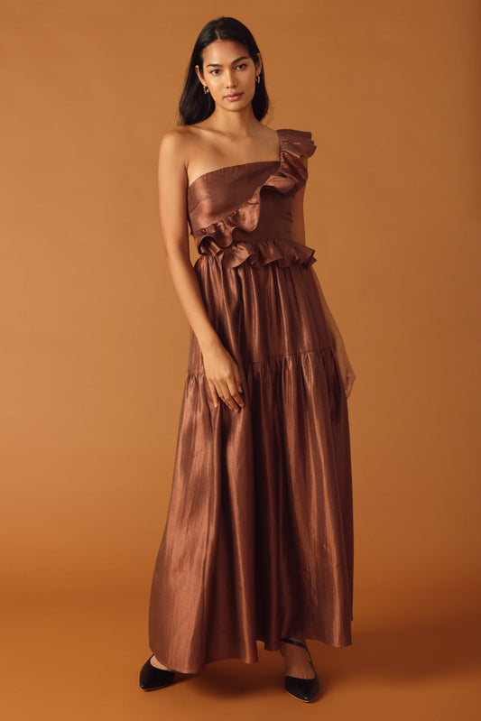 Size Medium, FIND THE ANSWER WOVEN MAXI DRESS - COGNAC - FINAL SALE