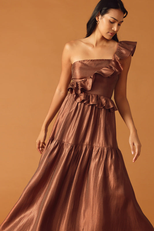 Size Medium, FIND THE ANSWER WOVEN MAXI DRESS - COGNAC - FINAL SALE