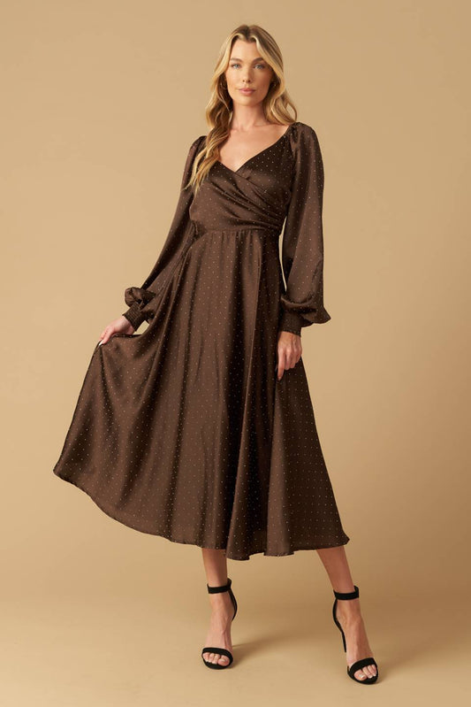 Size Large, ROMANTIC LOVE - BROWN - LONG SLEEVE MIDI DRESS - FINAL SALE