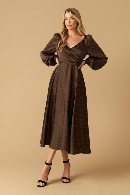 Size Large, ROMANTIC LOVE - BROWN - LONG SLEEVE MIDI DRESS - FINAL SALE