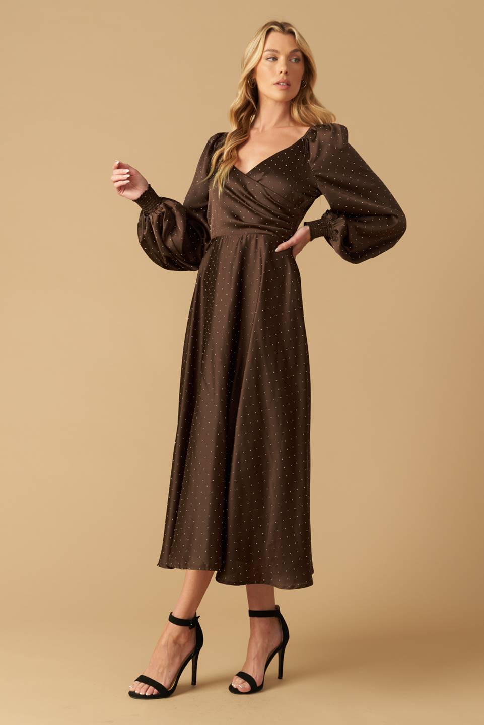 Size Large, ROMANTIC LOVE - BROWN - LONG SLEEVE MIDI DRESS - FINAL SALE
