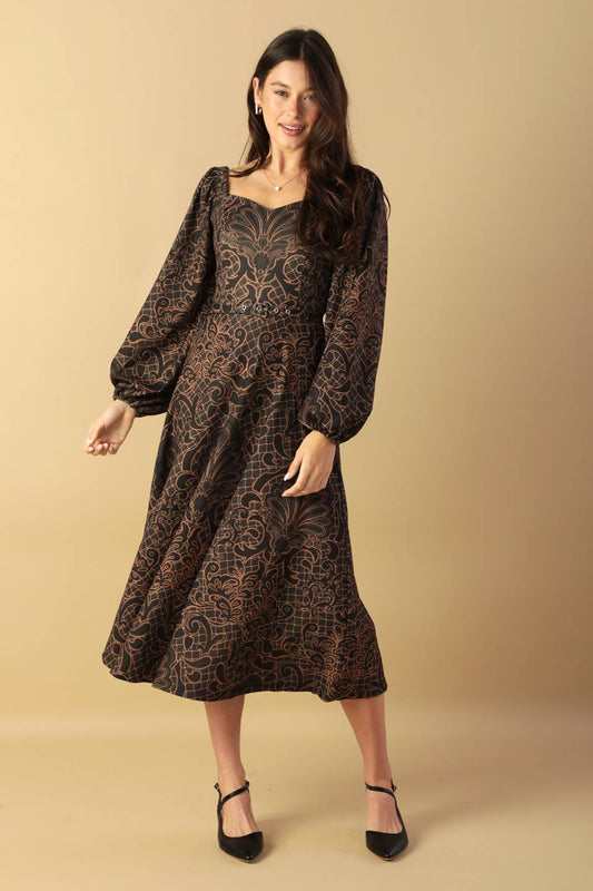 RUSTIC ALLURE MIDI DRESS - BROWN