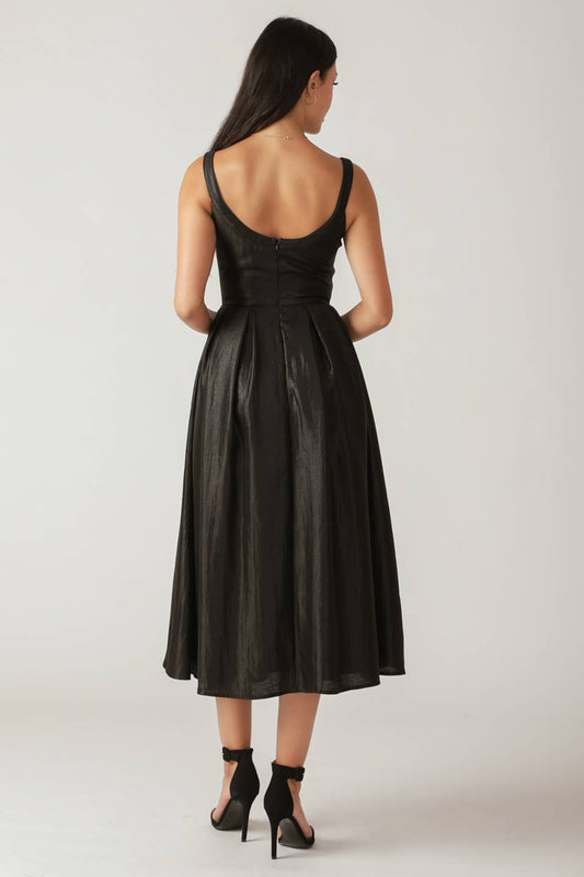 PEARL TRIM BLACK SATIN MIDI DRESS