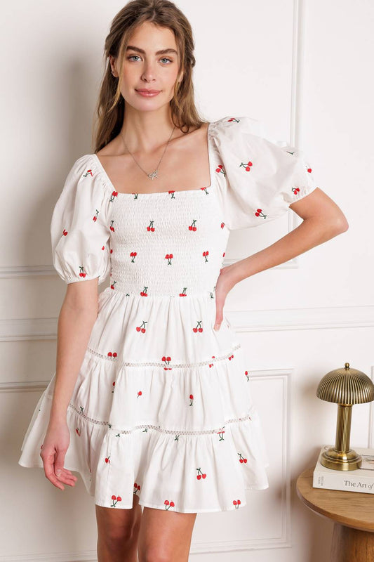 SUMMER DAYDREAMS CHERRY EMBROIDERED MINI DRESS