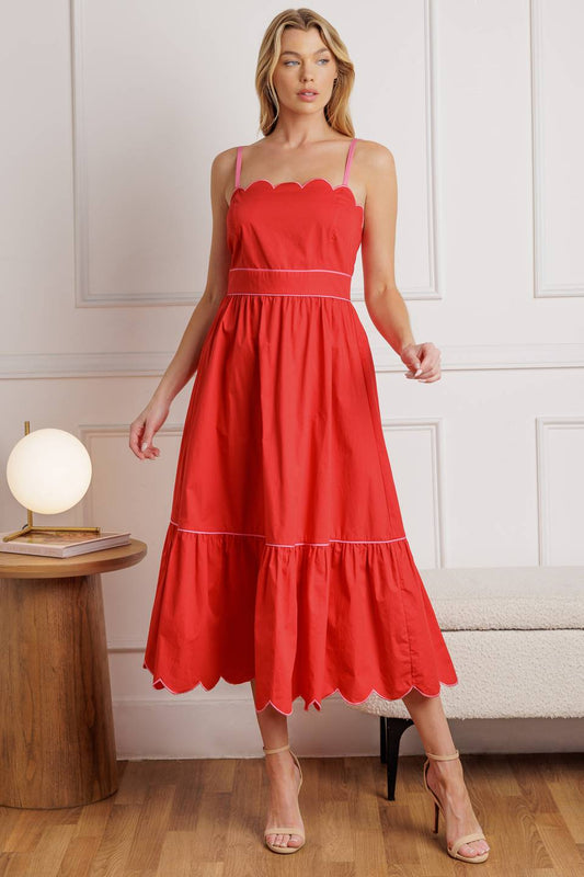 Size Medium, SWEET DREAMS - RED & PINK - SCALLOPED EDGE MIDI DRESS - FINAL SALE