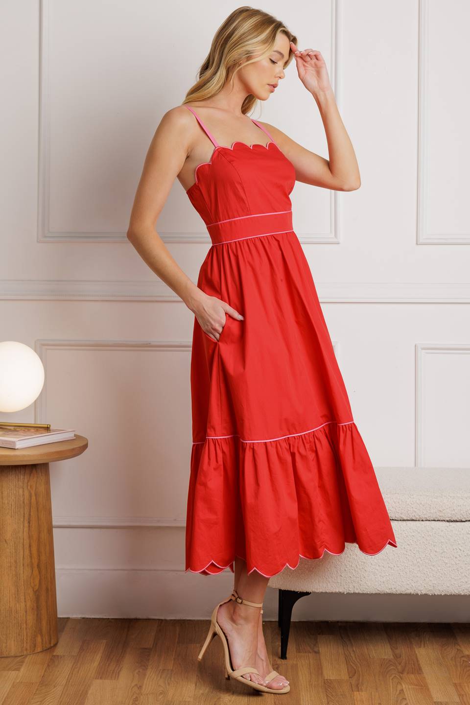 Size Medium, SWEET DREAMS - RED & PINK - SCALLOPED EDGE MIDI DRESS - FINAL SALE