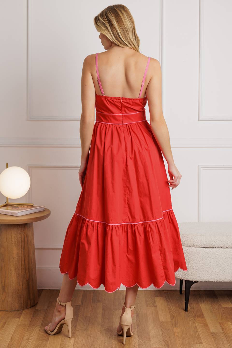 Size Medium, SWEET DREAMS - RED & PINK - SCALLOPED EDGE MIDI DRESS - FINAL SALE