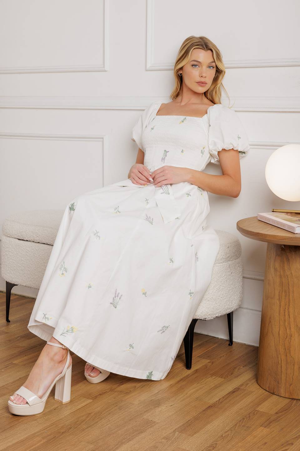 PETITE FLOWERS EMBROIDERED MIDI DRESS