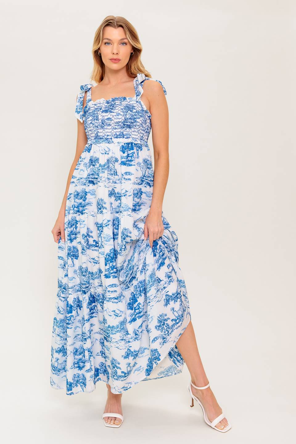 ROBE MIDI À ROME - TOILE BLEUE ET BLANCHE