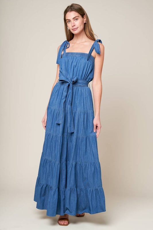 TRUDIE TIERED MAXI DRESS - BLUE CHAMBRAY