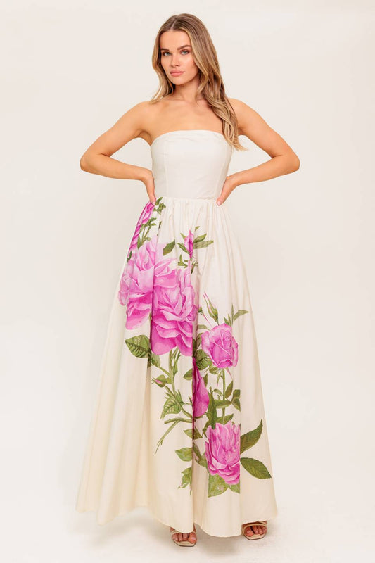 CAUGHT IN THE BREEZE STRAPLESS FLORAL MAXI DRESS