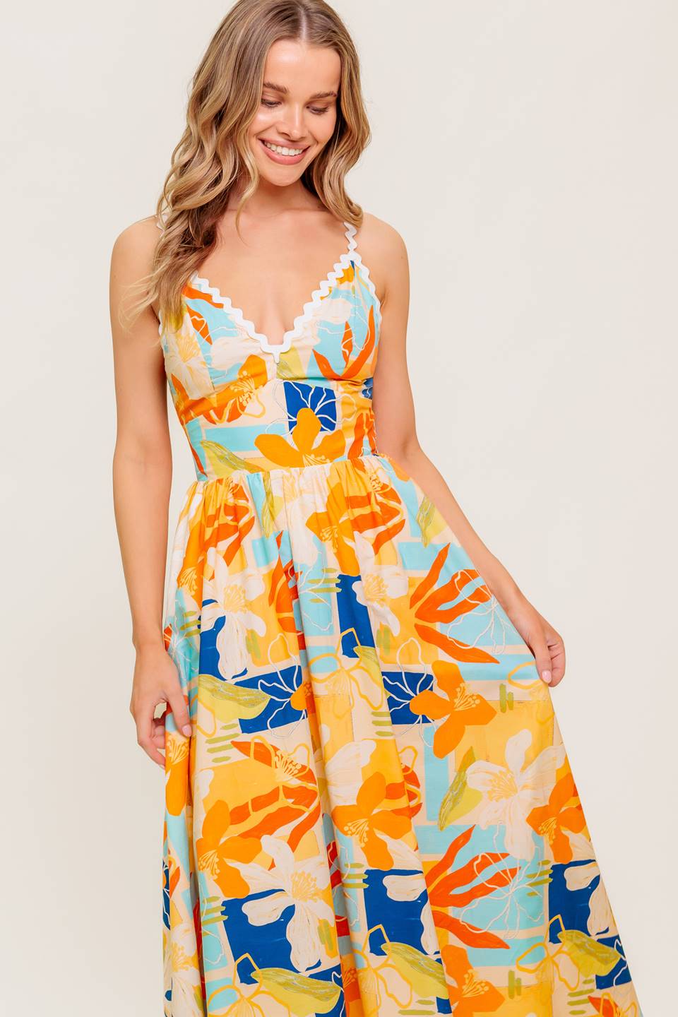 MERRITT MIDI DRESS - ORANGE & BLUE PRINT
